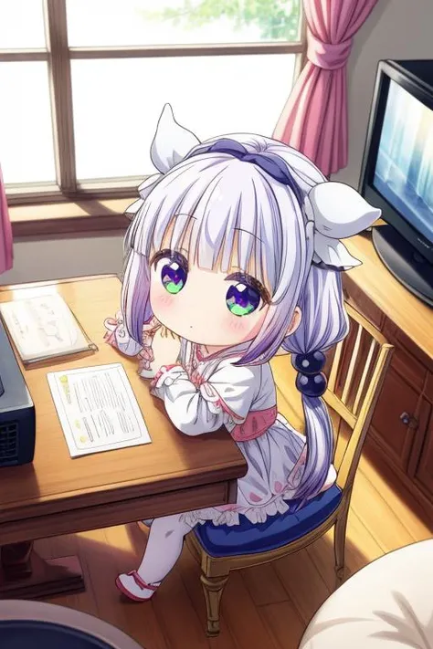 ultra-detailed,masterpiece,best quality,1girl, kanna kamui, (petite,chibi),close up, stuffed toy,fluffy outfit,TV,window,table,chair,living room<lora:Kanna Kamui(cknm):0.6> <lora:add_detail:1> from above