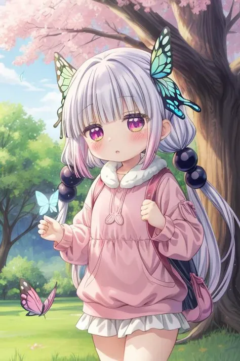 ultra-detailed,masterpiece,best quality,1girl, kanna kamui, petite,chibi,pink fluffy onepiece,park,butterfly,tree,catching butterfly<lora:Kanna Kamui(cknm):0.7> <lora:add_detail:1>