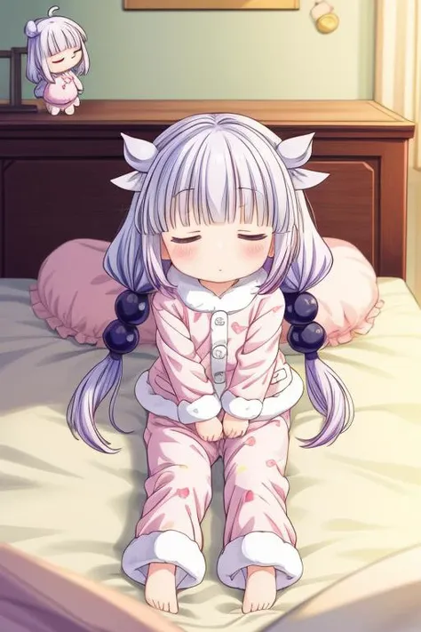 ultra-detailed,masterpiece,best quality,1girl, kanna kamui, (petite,chibi),close up, stuffed toy,fluffy pajamas,long pants,indoor,on bed,sleeping,closed eyes<lora:Kanna Kamui(cknm):0.6> <lora:add_detail:1> from above