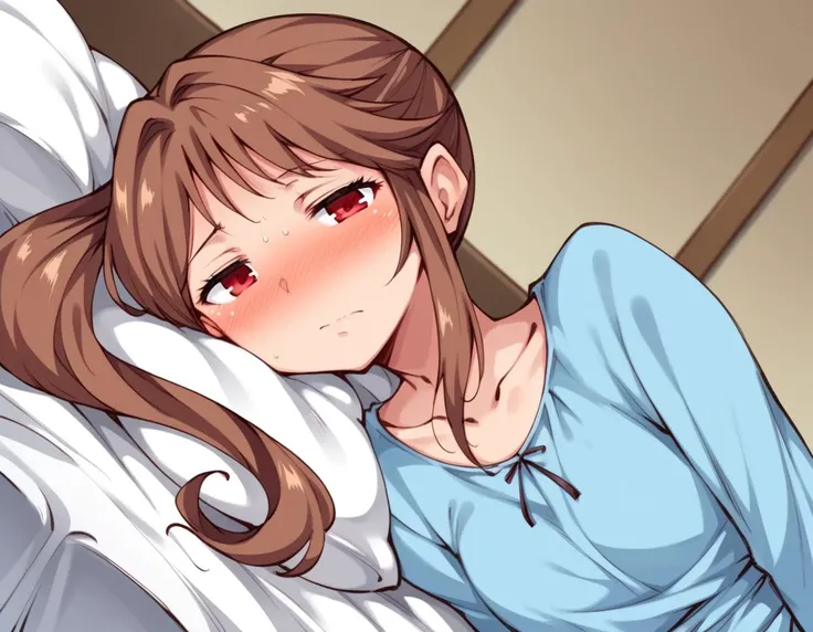 score_9, score_8_up, score_7_up, source_anime,
osananajimimei, <lora:osananajimi-mei-manga-ponyxl-lora-nochekaiser:1>,
osananajimi mei, long hair, brown hair, ponytail, sidelocks, red eyes,
dress, collarbone, blue dress,
indoors, bed, bed room, on side, blush, drunk,
looking at viewer, solo, cowboy shot, dutch angle,
