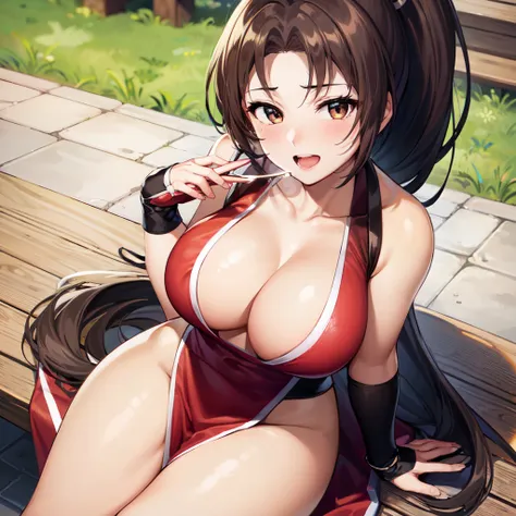 1girl,<lora:mai_shiranui:1>, maishiranui, maidress, blurry background, outdoors, blush, shiny skin, cleavage, masterpiece, from above, looking at viewer, downblouse, sitting at bench