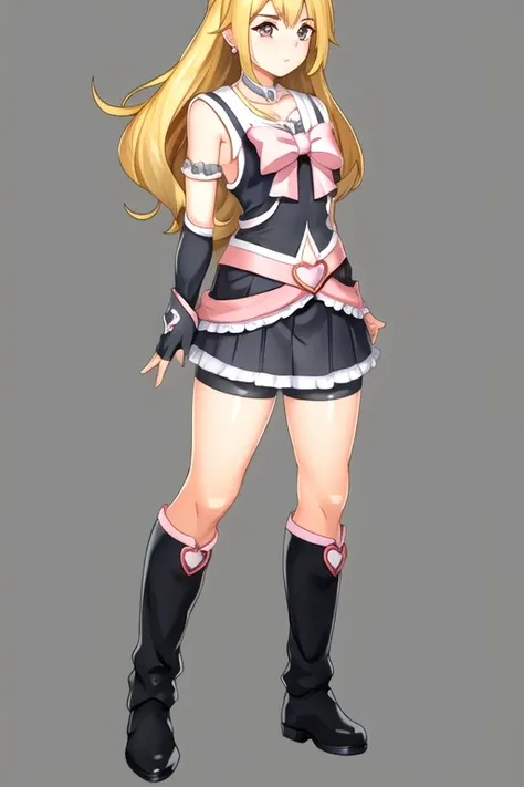 nagisa, arm warmers, bike shorts, bike shorts under skirt, black footwear, black gloves, boots, bow, brooch, earrings, fingerless gloves, frilled legwear, frilled skirt, frilled sleeves, frills, gloves, heart, heart brooch, high heels, jewelry, knee boots, magical girl, ribbon, short sleeves, shorts, shorts under skirt, skirt,