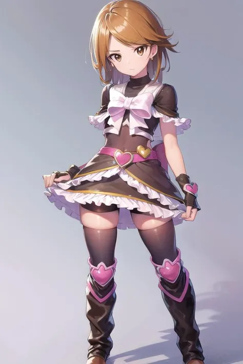 cureblack, <lyco:cureblack-lyco-nochekaiser:1>,
cure black, ahoge, (brown eyes:1.5), brown hair, eyelashes, short hair, (swept bangs:1.5),
BREAK arm warmers, bike shorts, bike shorts under skirt, black footwear, black gloves, boots, bow, brooch, earrings, fingerless gloves, frilled legwear, frilled skirt, frilled sleeves, frills, gloves, heart, heart brooch, high heels, jewelry, knee boots, magical girl, ribbon, short sleeves, shorts, shorts under skirt, skirt,
BREAK looking at viewer, full body,
BREAK outdoors,
BREAK <lyco:GoodHands-beta2:1>, (masterpiece:1.2), best quality, high resolution, unity 8k wallpaper, (illustration:0.8), (beautiful detailed eyes:1.6), extremely detailed face, perfect lighting, extremely detailed CG, (perfect hands, perfect anatomy),