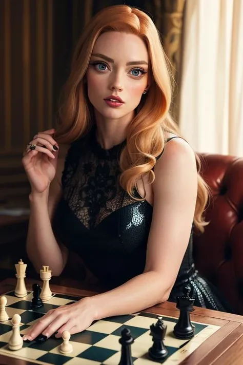Deborah Ann Woll, natural redhead woman, wearing dress from the 1950s era, chess player, intricate chess board, 50mm, cinematic, kodak portra 400, photograph by Martin Schoeller, Natural Light,<lyco:Deborah Ann WollV7:0.5> <lora:Anya Joy:0.5>