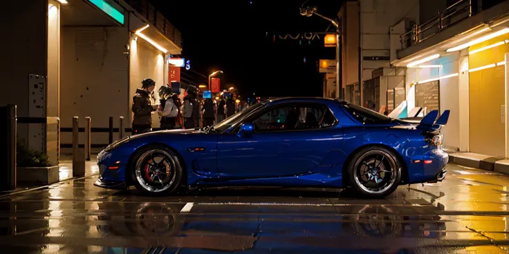 masterpiece,best quality,official art,extremely detailed CG unity 8k wallpaper,illustration, light,car, bright, motor vehicle, ground vehicle, sports car, vehicle focus, road, need for speed, moving, wet, (night, midnight:1.5), cyberpunk, tokyo,neon lights,drift, <lora:FD3S-000008:0.9>