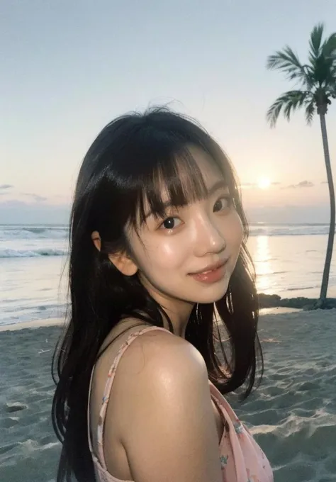 head photo,1 girl,black hair,(smlie:0.4),(beach),(ocean),(waves),(sand),(palm trees),(sunset).(bust photo:1.3),
<lora:korean_model_V3:0.8>,
(EOS R8,50mm,F1.2,8K,RAW photo:1.2),close-up of the head,
<lora:InstantPhotoX3:0.4>,<lora:FilmVelvia2:0.5>,
