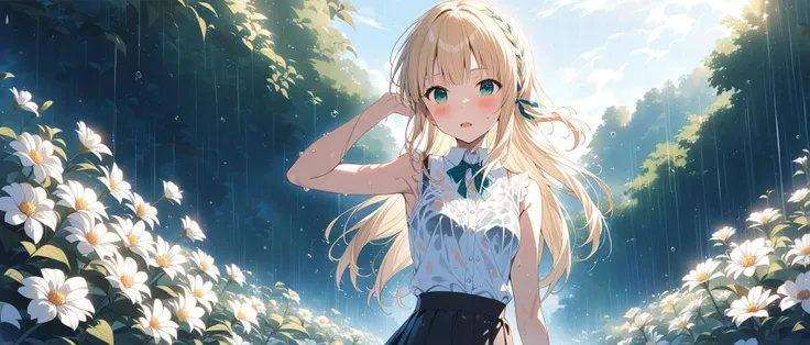 1girl, solo, ichinose rei, ribbon braid, <lora:rei_xl-000020:0.72>, teenager girl, medium breasts, (sleeveless dress shirt:1.1), white shirt, pleated skirt, black skirt, wet clothes, wet hair, white bra, slender, skinny, clear face, open mouth, blush, garden, flower effects, white flowers, arm up, upper body, learning forward, rain, close to viewer, highly detailed background, rating: general, late, masterpiece, best quality,