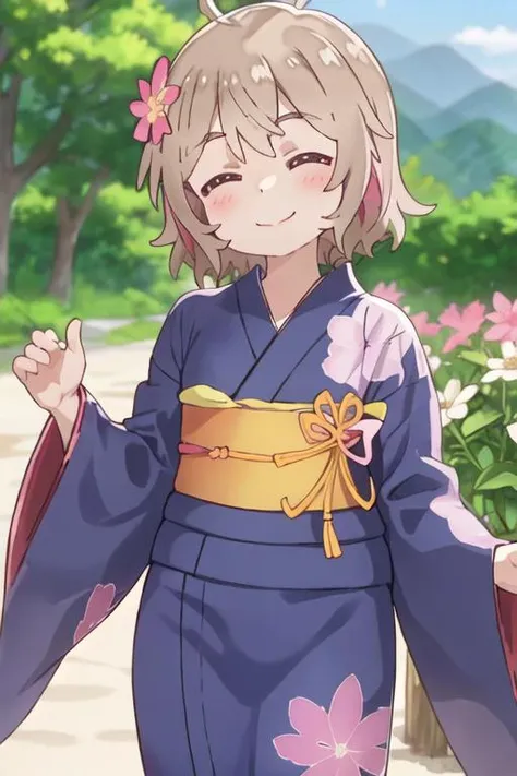 best quality, masterpiece, highres, solo, {kanon_konomori_watashinitenshigamaiorita:1.15}, blush, brown_hair, smile, short_hair, ahoge, bangs, brown_eyes, closed_mouth, closed_eyes, facing_viewer, flower, hair_flower, hair_ornament, japanese_clothes, kimono, multiple_girls, obi, sash, solo_focus, yukata, floral_print, upper_body