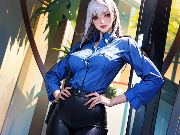 masterpiece, best quality, finely detailed, high resolution, high face detail, <lora:Coquelic_path_to_nowhere_anything_v3:0.7>, Coquelic, 1girl, (solo:1.3), red eyes, long hair, bangs, white hair, police uniform, blue shirt, black pants, black gloves, red lips, large breasts, evil smile, crazy eyes, frown, smug, (dark eyelashes, eyeliner:1.2) forest, shiny, sunlight, full body, (hand on hips:1.2),