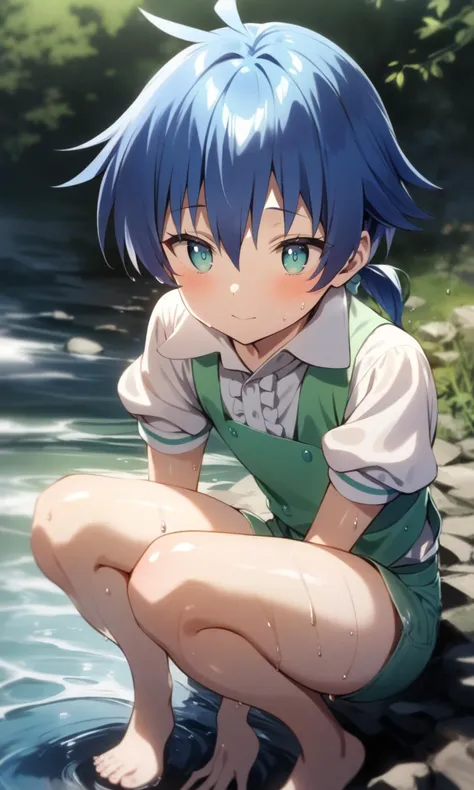 solo, 1boy, lloyd, aqua eyes, blue hair, short hair, low ponytail, shiny hair, shiny skin,
green vest, white shirt, puffy short sleeves, green short shorts,
squatting, looking at the water,
day, outdoors, riverbank, sun, cloud, condensation tral,
masterpiece, best quality, very aesthetic, absurdres,
<lora:LloydDeSaloum_XL:1>