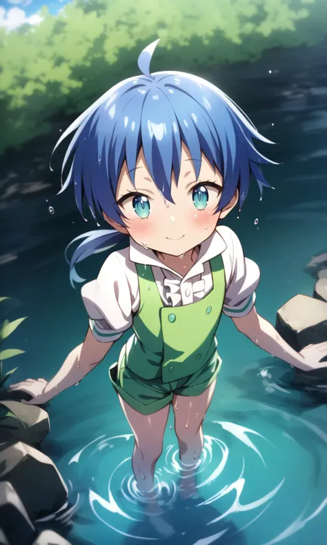 solo, 1boy, lloyd, aqua eyes, blue hair, short hair, low ponytail, shiny hair, shiny skin, 
green vest, white shirt, puffy short sleeves, green short shorts, barefoot, wet, dripping, 
standing, looking at the water, open smile, partially submerged, happy, blush, 
day, outdoors, riverbank, sun, cloud, 
masterpiece, best quality, very aesthetic, absurdres, 
<lora:LloydDeSaloum_XL:1>