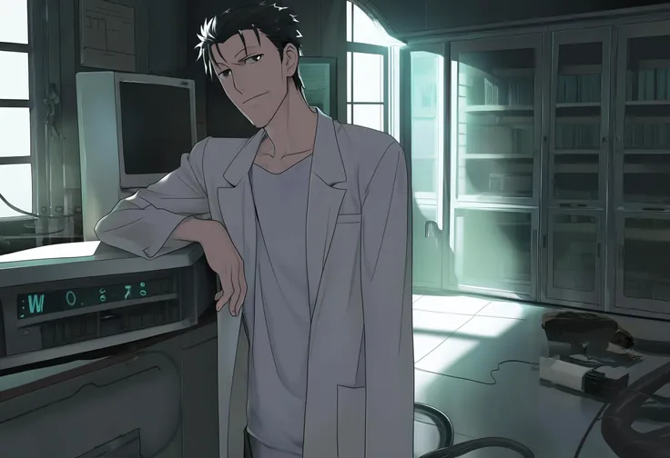 flat-pasto, 1boy, solo, 1 okabe rintarou, cowboy shot, leaning on the windowsill, arm support, black eyes, confident expression, lab coat, white shirt, skinny, stubble, in the dilapidated lab, detailed, beautiful color, amazing quality, lighting and shadow, old computer, window