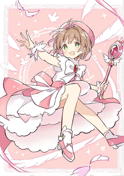 by ohanatoomoti,[by eku uekura::10],by haru,1 kinomoto_sakura,(flat color,border,fuuin_no_tsue,holding wand:1.2),magical girl, windy,full body, out of frame, floating hair, foreshortening,reaching,1girl, solo, smile, casting spell,magic circle, pink theme, amazing quality, ,beautiful color, [detailed:pink hat:8], amazing quality