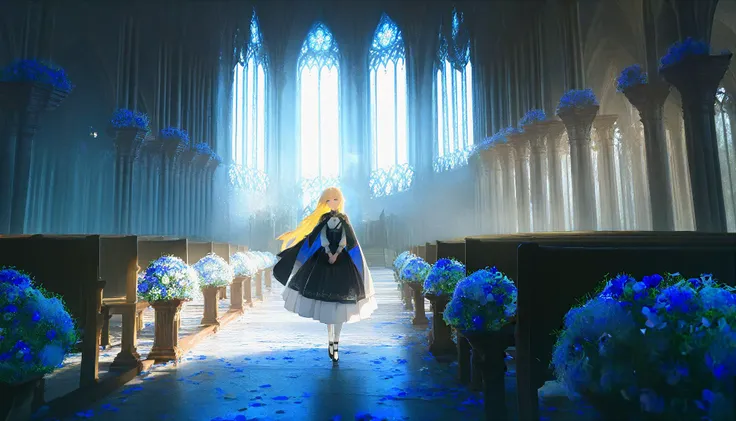 1girl, solo, long hair, blonde hair, dress, standing, flower, indoors, black footwear, cape, window, scenery, blue flower, stairs, wide shot, pillar, stained glass, church, aesthetic, amazing quality, <lora:VoidE8:1>