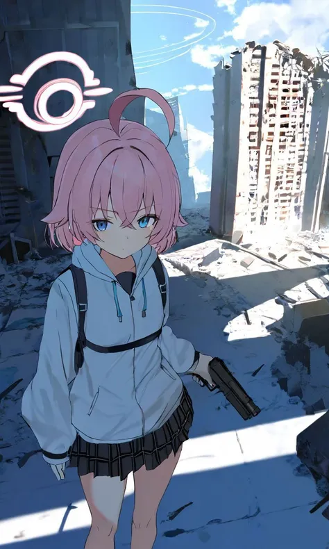 by kesoshirou,hoshino \(blue archive\),1girl,solo,serious,looking_at_viewer,ruins,holding gun,, perspective,lighting and shadow,beautiful color,detailed,aesthetic, amazing quality