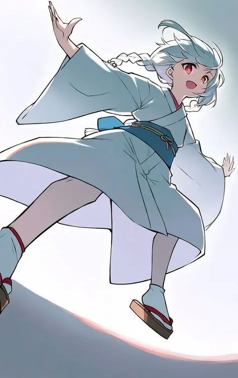 1girl,solo,japanese_clothes,full_body,braid,sash,open_mouth,tabi,sandals,white_hair,, perspective,lighting and shadow,beautiful color,detailedaesthetic