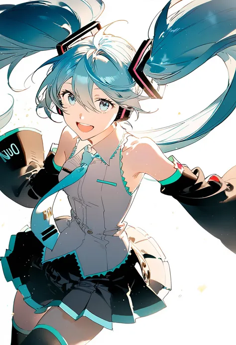 by rella, amazing quality, best quality, absurdres, beautiful, detailed shadow, aesthetic, 1girl, solo, 1 hatsune miku, long hair, detached sleeves, twintails, very long hair, open mouth, shirt, black skirt, smile, sleeveless shirt, blue necktie, white background, blue hair, blue eyes, arm up, looking at viewer, pleated skirt, star (symbol), thighhighs, bare shoulders, white shirt, cowboy shot, :d, floating hair, simple background, upper teeth only, collared shirt, outstretched arm, wide sleeves, bangs, hair between eyes, miniskirt, grey shirt, black sleeves, zettai ryouiki, light particles, hair ornament, small breasts, long sleeves