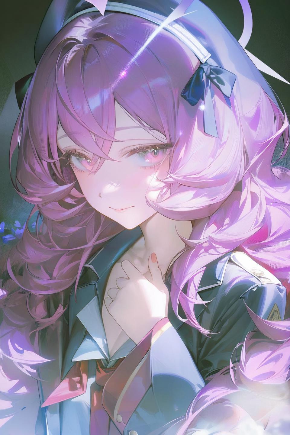 Anime girl with long pink hair and a blue bow - SeaArt AI