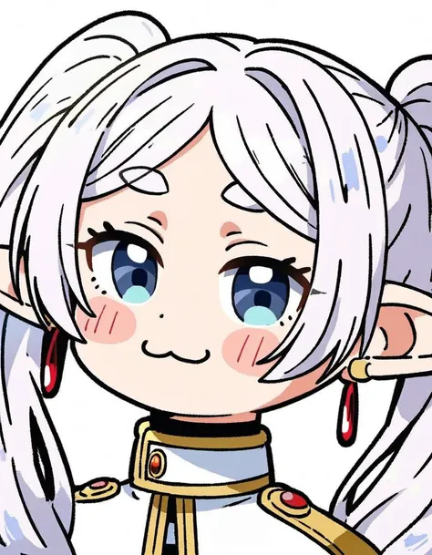 amazing quality, extremely detailed, beautiful color, aesthetic, by bkub, 1girl, 1 frieren, sousou no frieren, :3, blue eyes, blush, chibi, earrings, elf, jewelry, pointy ears, simple background, smug, solo, standing, twintails, white background, white hair