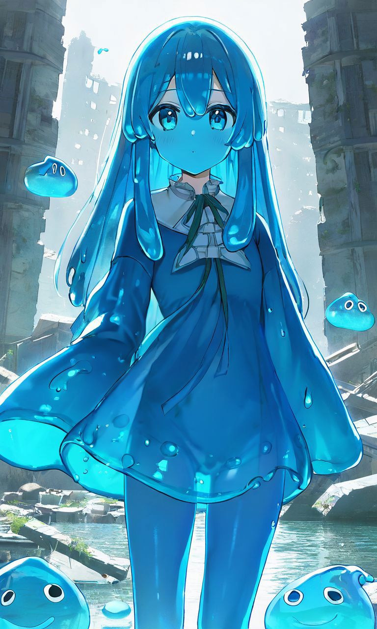 Anime girl in blue dress standing in front of a pond of water - SeaArt AI