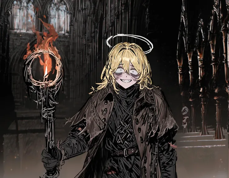 by m75255831, 1girl, bloodborne, middle ages, metal halo, torch, village, church, holding_weapon, (brown coat, torn clothes), grin, bags under eyes, messy hair, tired, constricted pupils, yellow hair, skin fang, cowboy shot, dim lighting, amazing quality, beautiful color