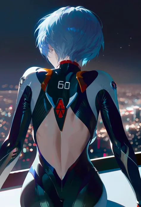 amazing quality, by fajyobore, beautiful color, detailed, sci-fi city background, 1 ayanami rei, upper body, backless, white plugsuit, from behind, night, dark light, arm support, sitting