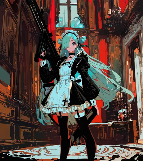 (cinematic detailed artwork in style of aamond, by cogecha, by alphonse \(white datura\):1.25),
solo, holding_assault_rifle,
garter straps, thighhighs, cross, looking at viewer, parted lips, standing, black choker, hair over one eye, hair rings, white apron, maid headdress, long sleeves, 1girl, maid,
(film_grain:1.4), high_contrast,
masterpiece, best quality, absurdres, newest, safe, highres
<lora:Hyper-SDXL-12steps-CFG-lora:0.8> <lora:detailed_notrigger:1>