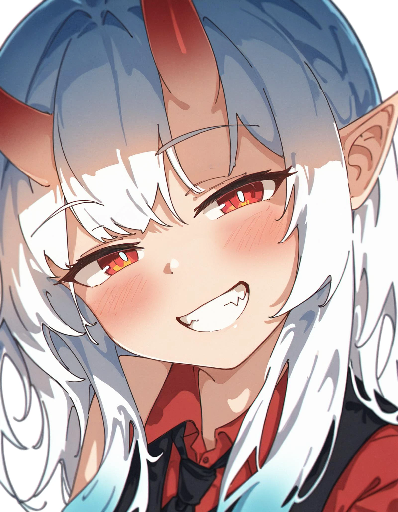 beautiful color, detailed, amazing quality, 1girl, by jl tan, head tilt, half-closed eyes, red eyes, bright pupils, looking at viewer, grin, blush, oni horns, white hair, sidelocks, long hair, black vest, black necktie, red shirt, white background, rainbow gradient, <lora:jlt4n:1>