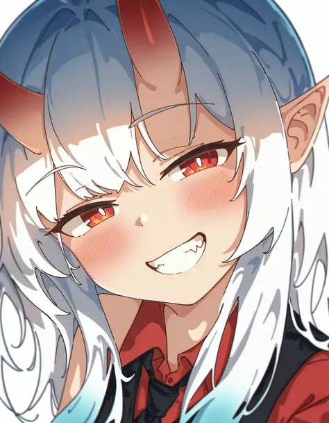 beautiful color, detailed, amazing quality, 1girl, by jl tan, head tilt, half-closed eyes, red eyes, bright pupils, looking at viewer, grin, blush, oni horns, white hair, sidelocks, long hair, black vest, black necktie, red shirt, white background, rainbow gradient, <lora:jlt4n:1>
