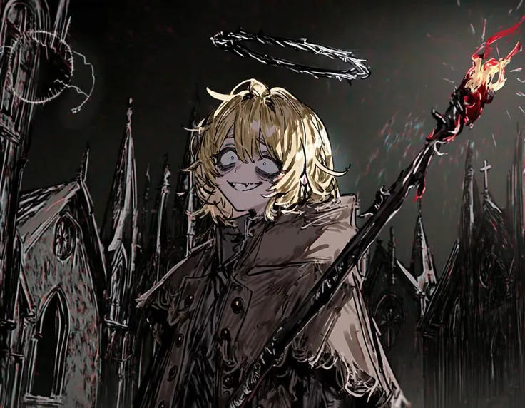 by m75255831, 1girl, bloodborne, middle ages, metal halo, torch, village, church, holding_weapon, (brown coat, torn clothes), grin, bags under eyes, messy hair, tired, constricted pupils, yellow hair, skin fang, cowboy shot, dim lighting, amazing quality, beautiful color