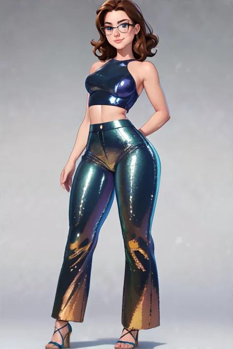 <lora:glitterpantsuit-freckledvixon:0.6>, gl1tterpantsu1t, bare shoulders, standing, full body, pants, crop top, shiny clothes, baggy pants, bustier, <lora:bzl:0.8>, bzl_test, brown hair, (grey|blue) eyes, glasses, (freckles:0.3), closed smile, <clip:skip:2> || skin, hair, clothing, glitter, masterpiece, 8k, high resolution, shallow depth of field, sharp focus