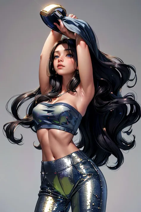 1girl, strapless croptop, full body, lips, long hair, wavy hair, looking at viewer, breasts:medium, midriff, navel, pants
grey background, solo, standing
<lora:gl1tterpantsu1t:0.4>cleavage, shiny clothes