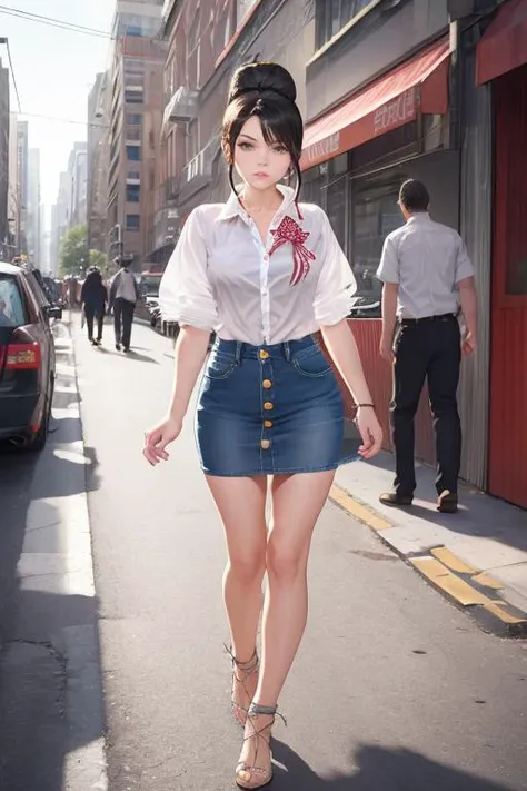 (masterpiece, best quality), 1girl, Brass Low Bun with a Bow, Size H breasts, Silver Button-up denim shirt with rolled-up sleeves. and Ruffled skirt, garter belt, Walking with a confident stride, looking determined., <lora:atdan_style_v08:1>
