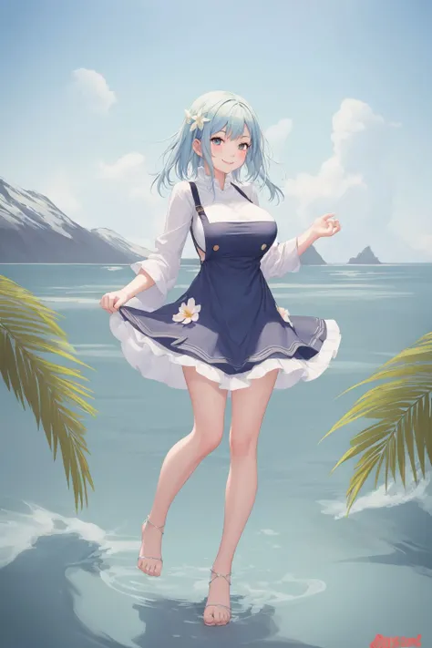 One girl、natta、swimming bikini、Night Pool、summer  dress 80% transparente、skirt lift, upskirt, splash water、cute little、Blue-haired、light blue  eyes、​masterpiece、top-quality、Top image quality