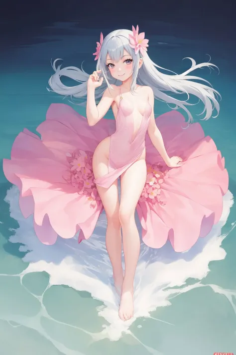 full body, solo, 1girl, looking at another, smile, blush, evening dress, flat chest, bright, Saponaria \(flower\), boreal ocean <lora:Atdan_style_v07:1>