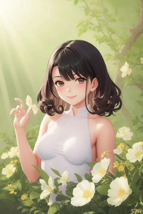 <lora:atdan_style_v08:1>, upper body, solo, 1girl, looking at viewer, smile, blush, small breasts, sunbeam, Curly_Willow \(flower\), floral background