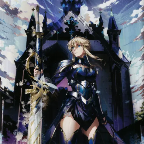 1girl, holding sword, artoria pendragon \(fate\), fate \(series\), blue eyes, perspective, medieval, church, beautiful, aesthetic, detailed, beautiful color, amazing quality, best quality, high quality, <lora:more_details:1>, <lora:Lancer_Artoria:1>