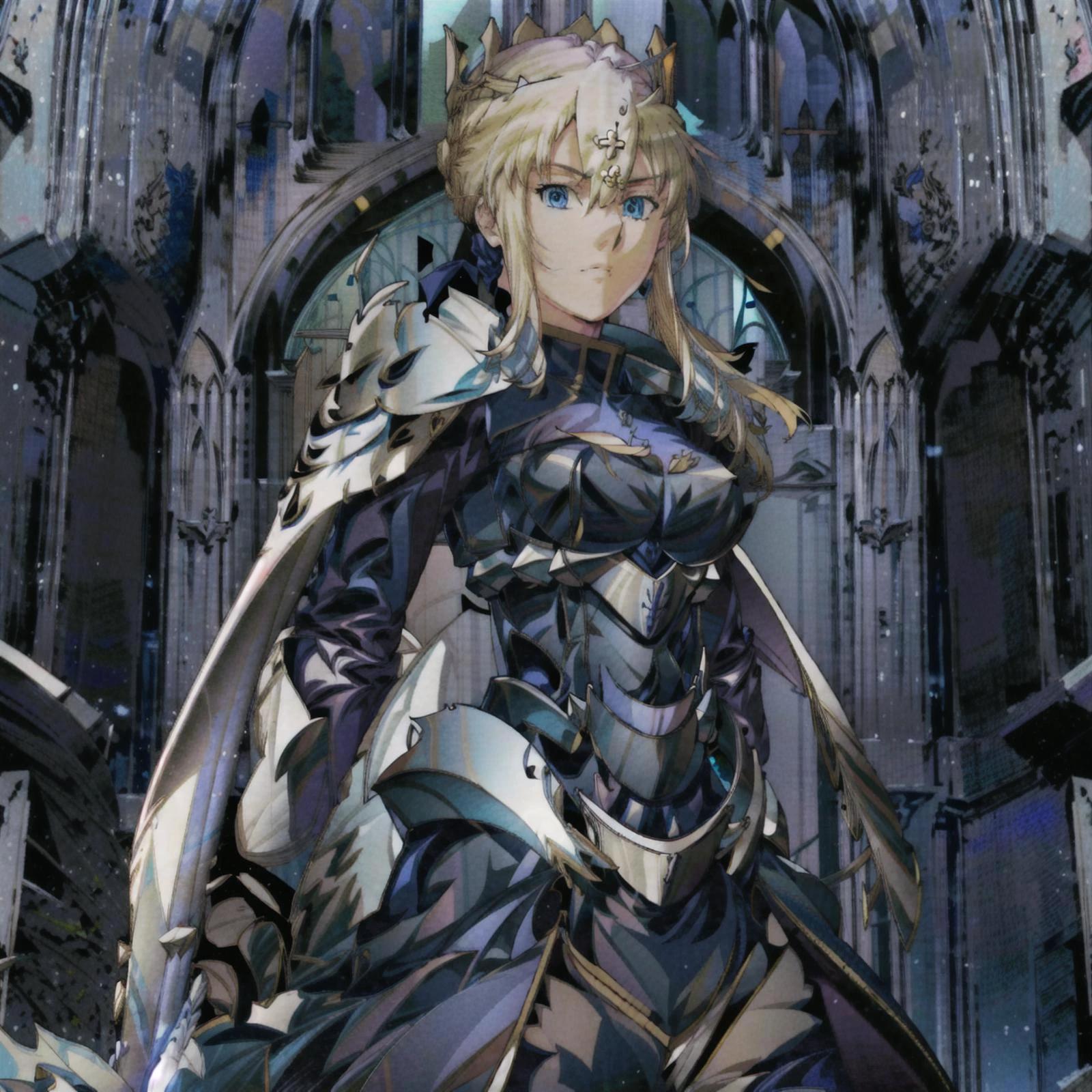 1girl, holding sword, artoria pendragon \(fate\), fate \(series\), blue eyes, perspective, medieval, church, beautiful, aesthetic, detailed, beautiful color, amazing quality, best quality, high quality, <lora:more_details:1>, <lora:Lancer_Artoria:1>, <lora:rautoV73:1>