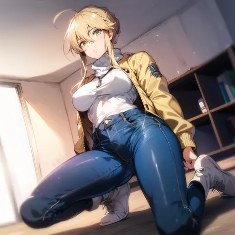 (original: 1.2), (wide angle shot), (sfw), masterpiece, anime, best quality, beautiful clean face, (fullbody portrait), 1girl, Lancer Artoria, emerald eyes, woman posing, (white turtleneck underneath brown bomber jacket), (grey acid-washed jeans)
<lora:Lancer_Artoria:0.7>