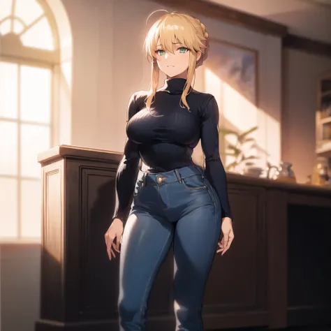(original: 1.2), (far shot), sfw, masterpiece, anime, best quality, beautiful clean face, fullbody, 1girl, woman posing, Lancer Artoria, (long-sleeve black turtleneck), jeans
<lora:Lancer_Artoria:0.7>
