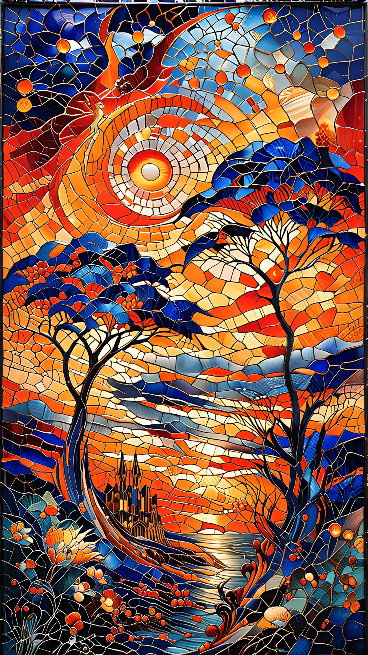 A stunning stained-glass artwork, romantic art, Calais from William Turner, pastel colors, deep blue and orange, <lora:TQ_-__Kids_Storybook_Illustrations_XL-000006:1>