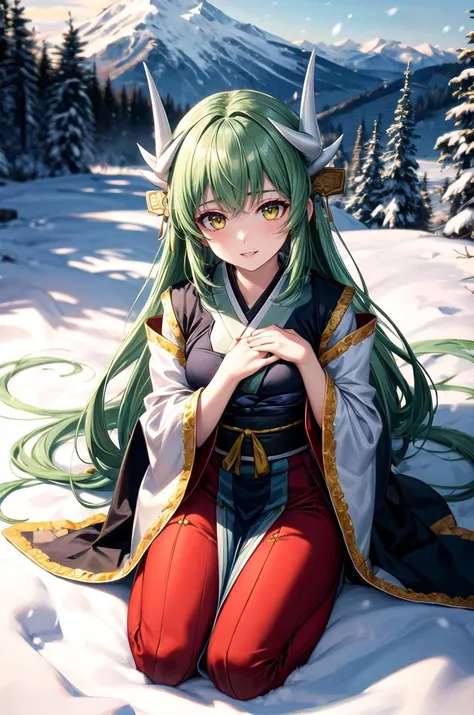 (masterpiece, best quality, detailed), 1girl, solo, aakiyo, long hair, green hair, white horns, hair ornament, yellow eyes, looking at viewer,
(samurai), japanese armor, kusazuri, sode, kote, sheath, japanese clothes, hakama, outdoors, winter, mountain, snow, bare tree, scenery, kneeling, from above, hand on own chest, smile, parted lips
