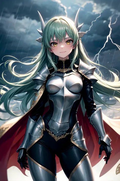 (masterpiece, best quality, detailed), 1girl, solo, aakiyo, long hair, green hair, white horns, hair ornament, yellow eyes, looking at viewer,
armor, breastplate, armored dress, cape, bodysuit, full armor, knight, gauntlets, pauldrons, outdoors, lightning, rain, cloudy sky, wet, storm, wind, fisheye, contrapposto, smug, smile, closed mouth