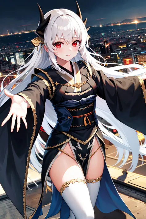 masterpiece, best quality, highres, cckiyo, long hair, white hair, red eyes, black horns, hair ornament, black kimono, pelvic curtain, white thighhighs, <lora:kiyohime_(berserker)_v1:0.7>, outstretched arms, rooftop, standing, city,