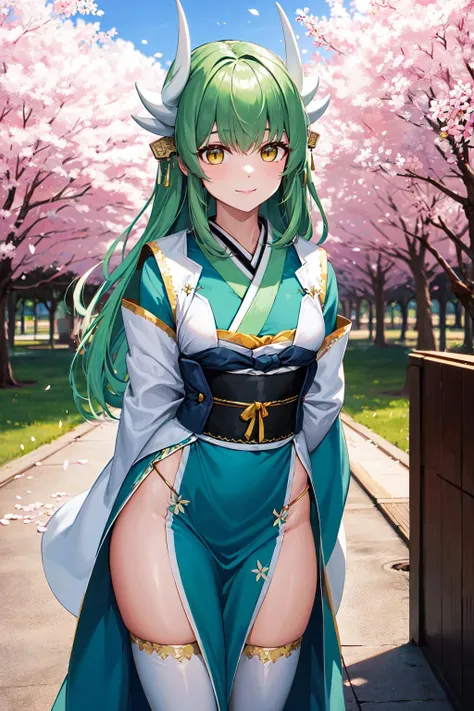 masterpiece, best quality, highres, bbkiyo, long hair, green hair, white horns, hair ornament, yellow eyes, white kimono, multicolored kimono, pelvic curtain, white thighhighs, <lora:kiyohime_(berserker)_v1:0.7>, standing, leaning forward, (arms behind back:1.1), smile, outdoors, cherry blossoms, cowboy shot,