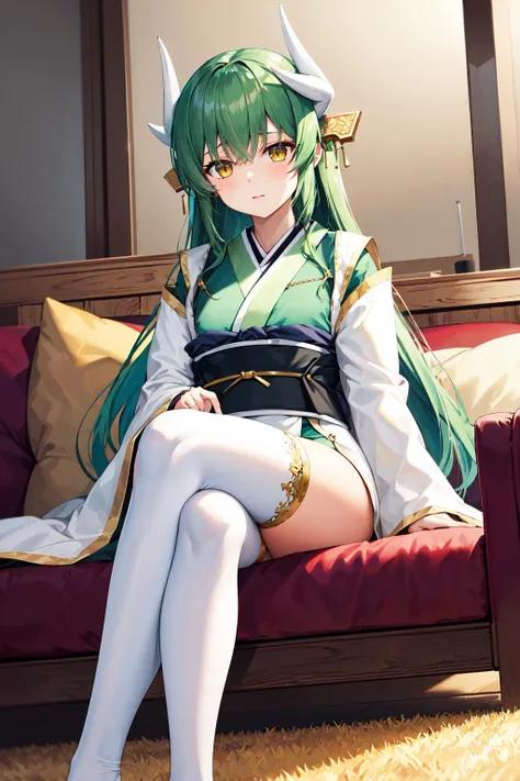 girl、long hair、sleep、open vagina、Green Hair、pussy、Lying down、Sleeping in bed、Leg spread、No panties、yukata、