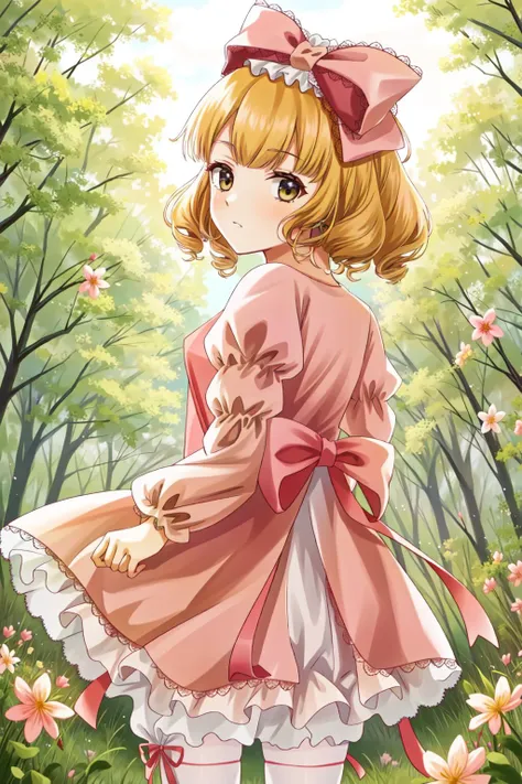 hinaichigo, bloomers, pantyhose, dress, bow, ribbon, pink dress, cowboy shot, looking back, masterpiece, best quality, 1girl, outdoors, nature, <lyco:Teszt - Hina Ichigo:1.0>