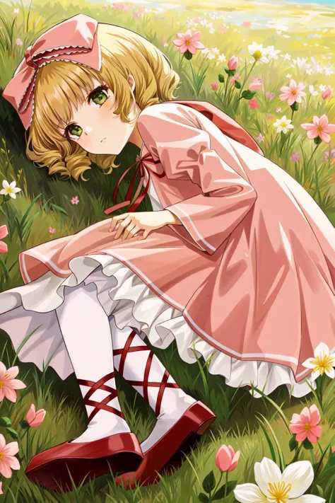 hinaichigo, bloomers, pantyhose, dress, bow, ribbon, shoes, pink dress, lying, masterpiece, best quality, 1girl, outdoors, nature, <lyco:Teszt - Hina Ichigo:1.0>