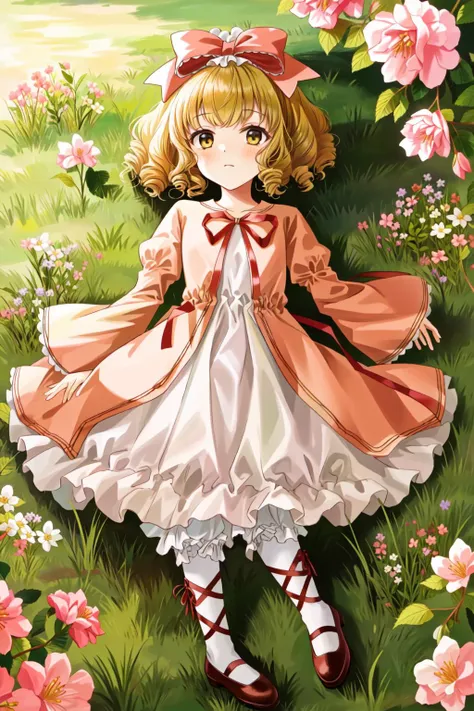 hinaichigo, bloomers, pantyhose, dress, bow, ribbon, shoes, pink dress, lying, masterpiece, best quality, 1girl, outdoors, nature, <lyco:Teszt - Hina Ichigo:1.0>