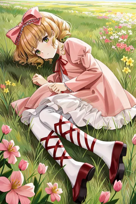 hinaichigo, bloomers, pantyhose, dress, bow, ribbon, shoes, pink dress, on side, lying, masterpiece, best quality, 1girl, outdoors, nature, <lyco:Teszt - Hina Ichigo:1.0>